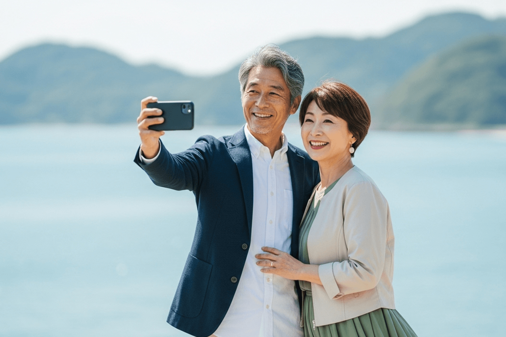 海辺で記念写真を撮るシニア夫婦